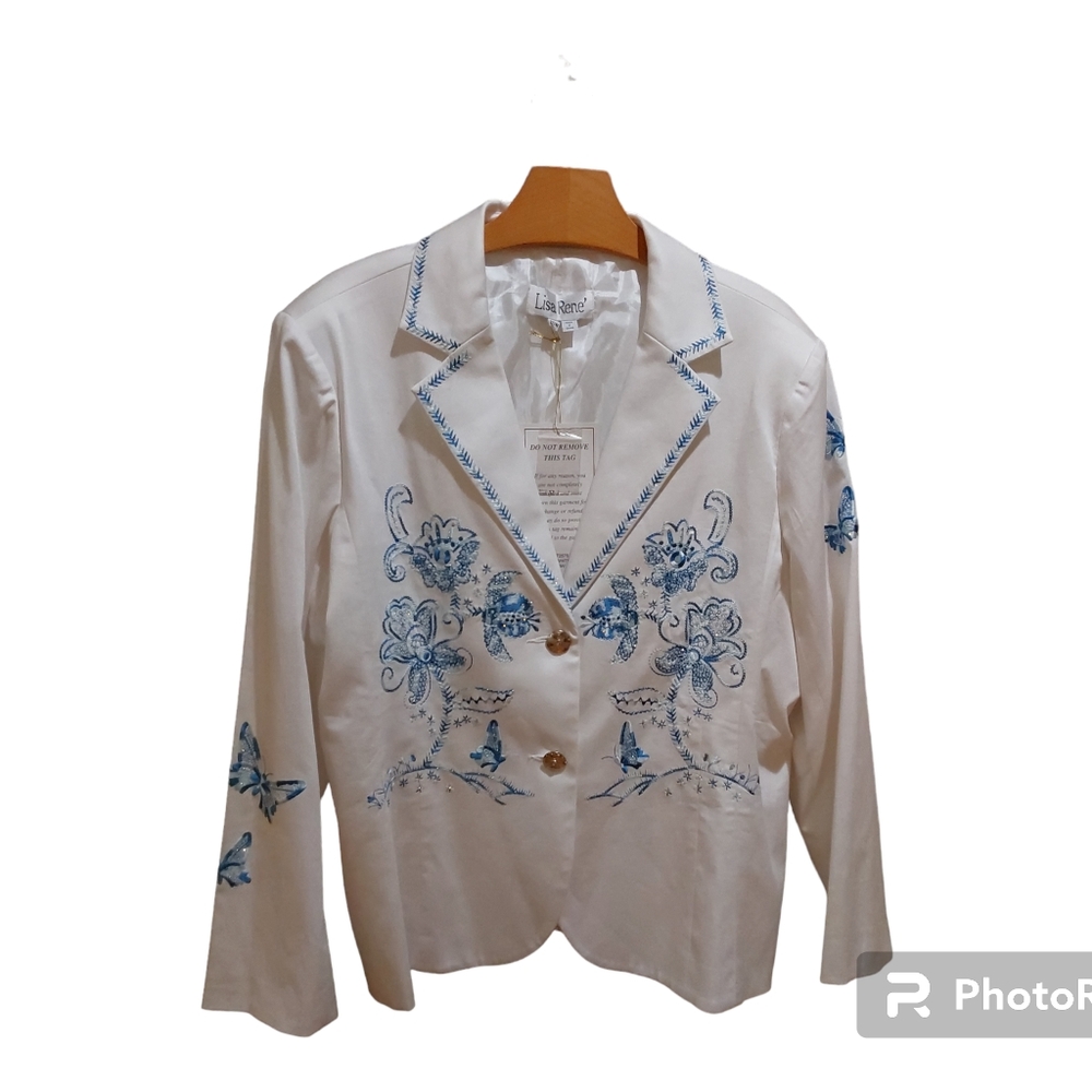 Vtg Lisa Rene' Women 20W White Embroidered Rhinestone Lapel Collar Blazer NWT